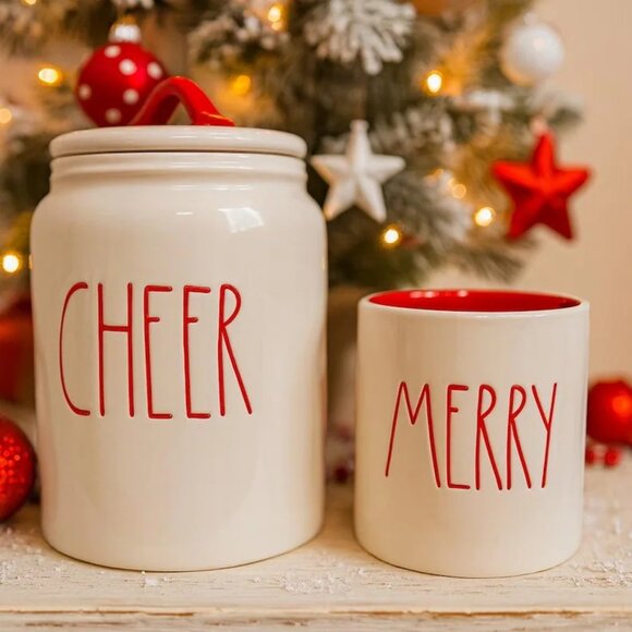Rae Dunn Christmas Canisters –“CHEER” & “MERRY” Red Holiday Kitchen Decor Bundle - Picture 1 of 9